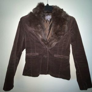 Wilsons Chocolate Brown Blazer Rabbit Fur Collar